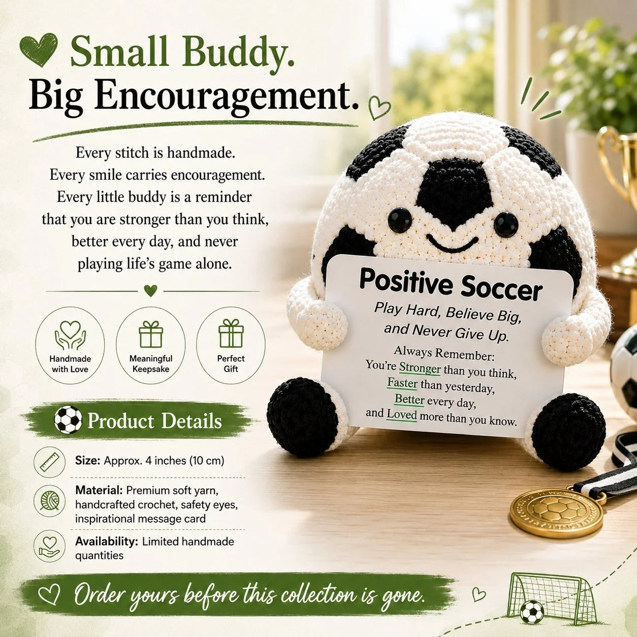 Purpose-Built Positive Soccer Buddy – Handmade Crochet Encouragement