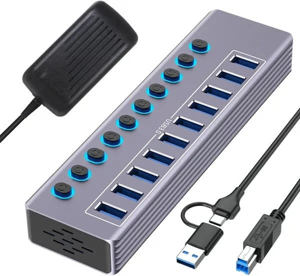 Powered 10-Port USB 3.0 Hub with Individual Switches