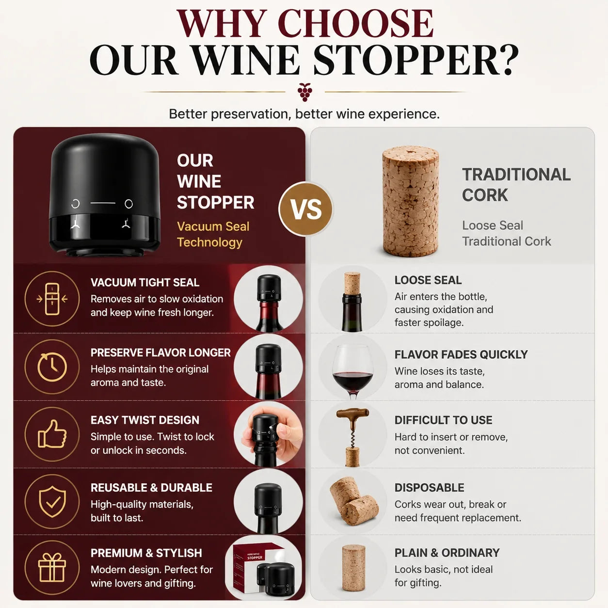 Airtight Vacuum Stopper for Preserving Open Wine
