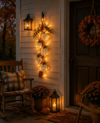 Rustic White 5-Pumpkin Hanging Swag for Fall Door and Wall Decor
