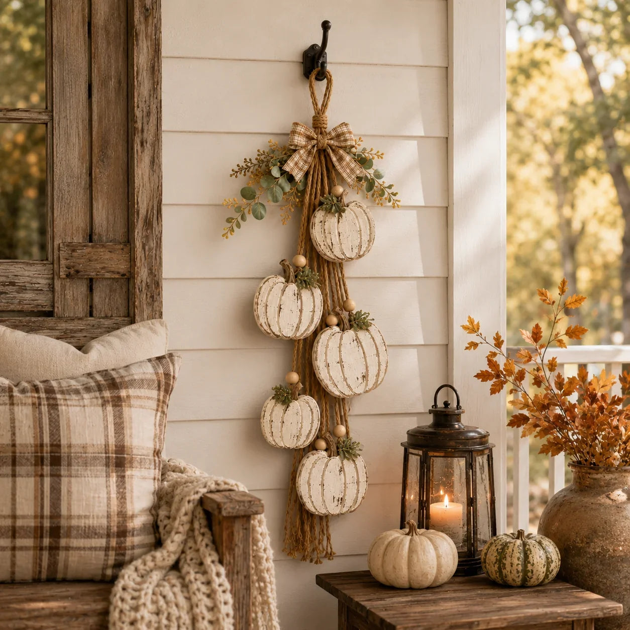 Rustic White 5-Pumpkin Hanging Swag for Fall Door and Wall Decor