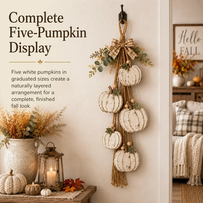 Rustic White 5-Pumpkin Hanging Swag for Fall Door and Wall Decor