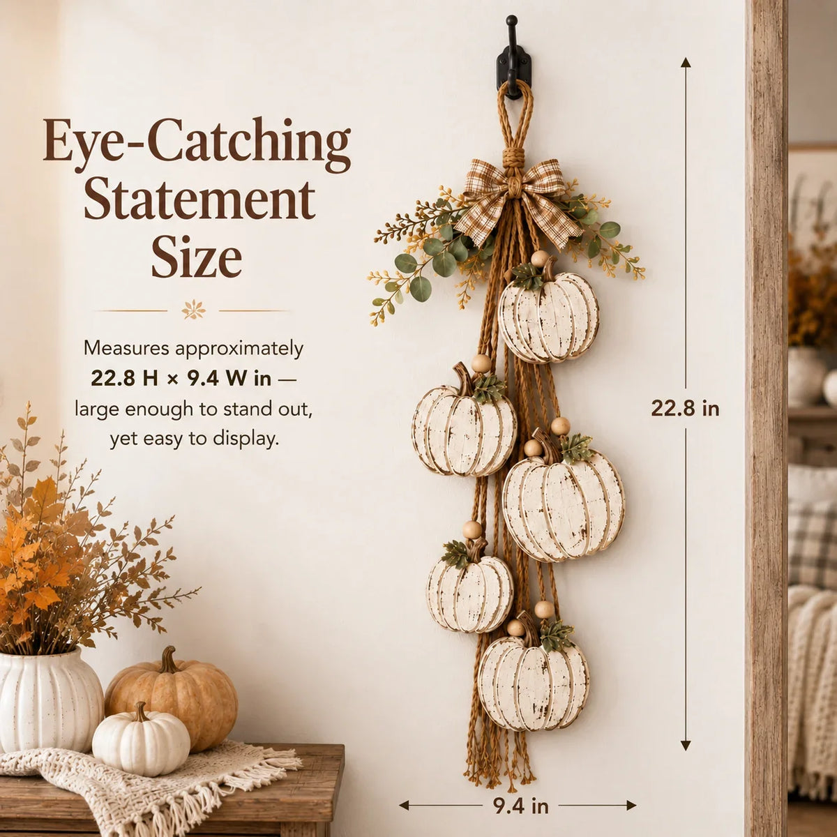 Rustic White 5-Pumpkin Hanging Swag for Fall Door and Wall Decor