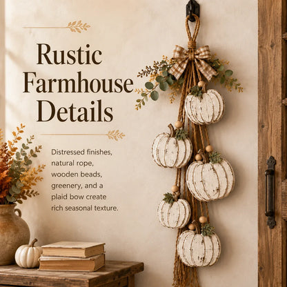 Rustic White 5-Pumpkin Hanging Swag for Fall Door and Wall Decor