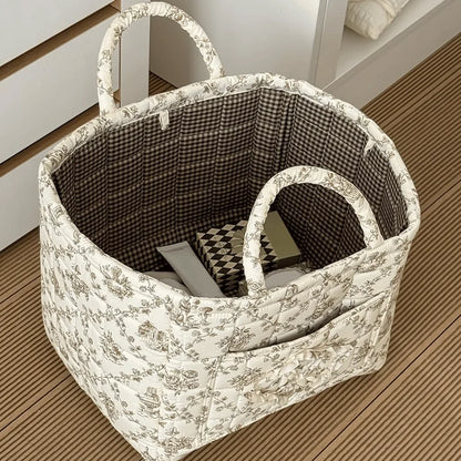 Quilted Carry-All Storage Basket with Handles and Washable Fabric