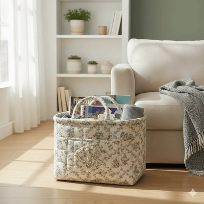 Quilted Carry-All Storage Basket with Handles and Washable Fabric