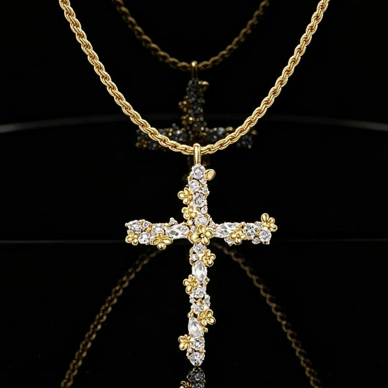 Pet-Friendly Radiant Cross Necklace – Twisted Chain, Petal