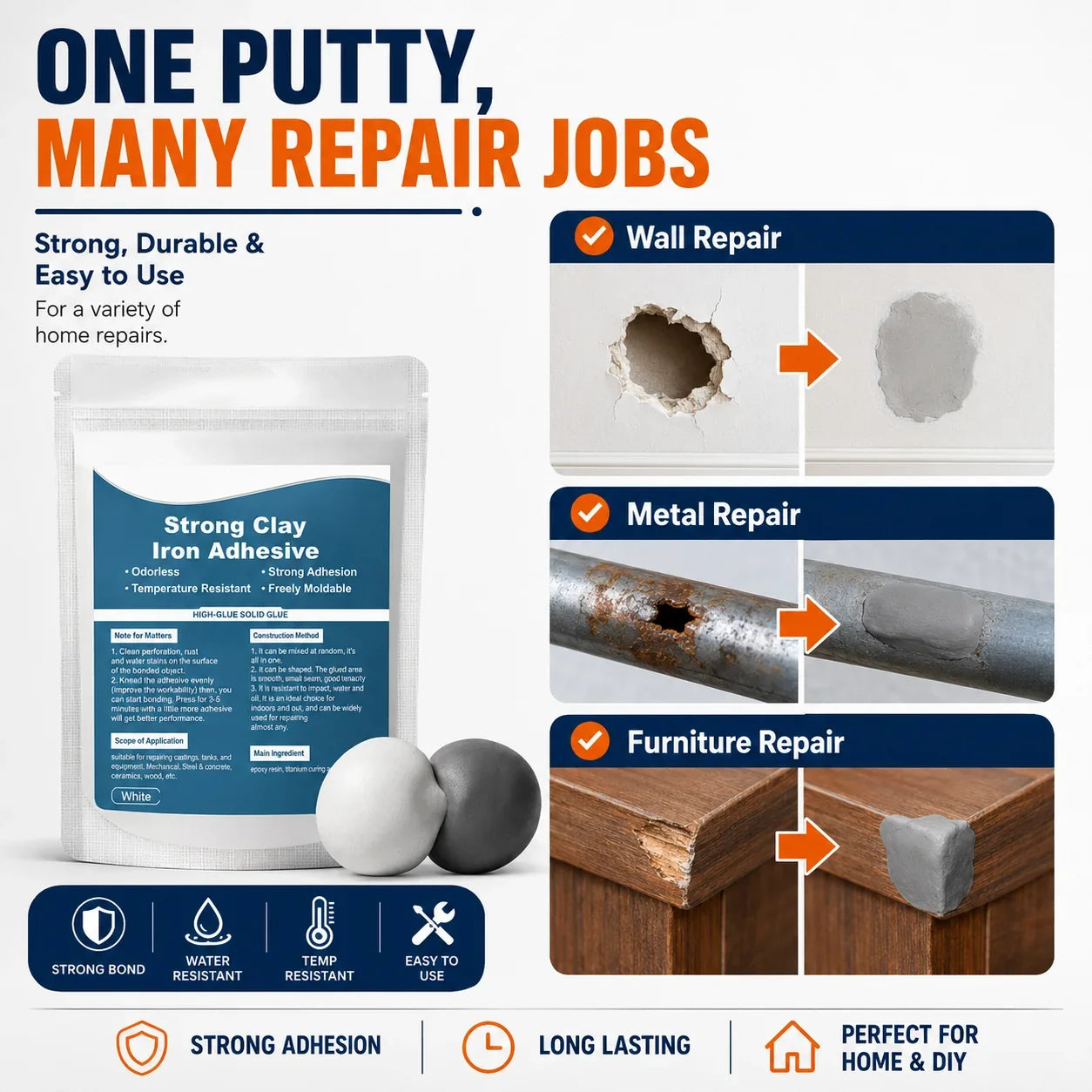 Steel-Reinforced Repair Putty for Four Common Materials
