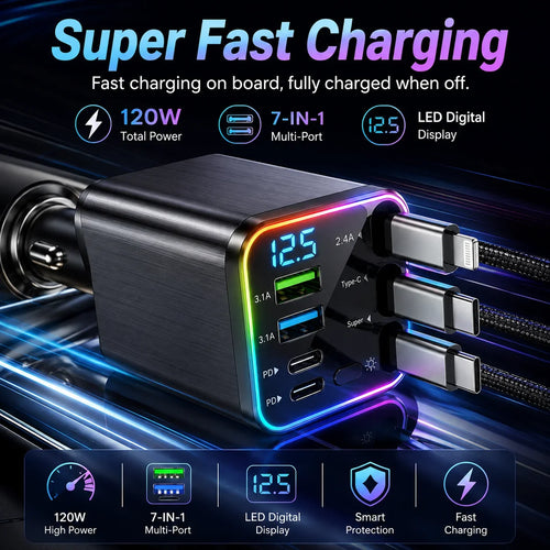 Vehicle-Ready 7-in-1 Retractable Car Charger 120W – Built-In Cables