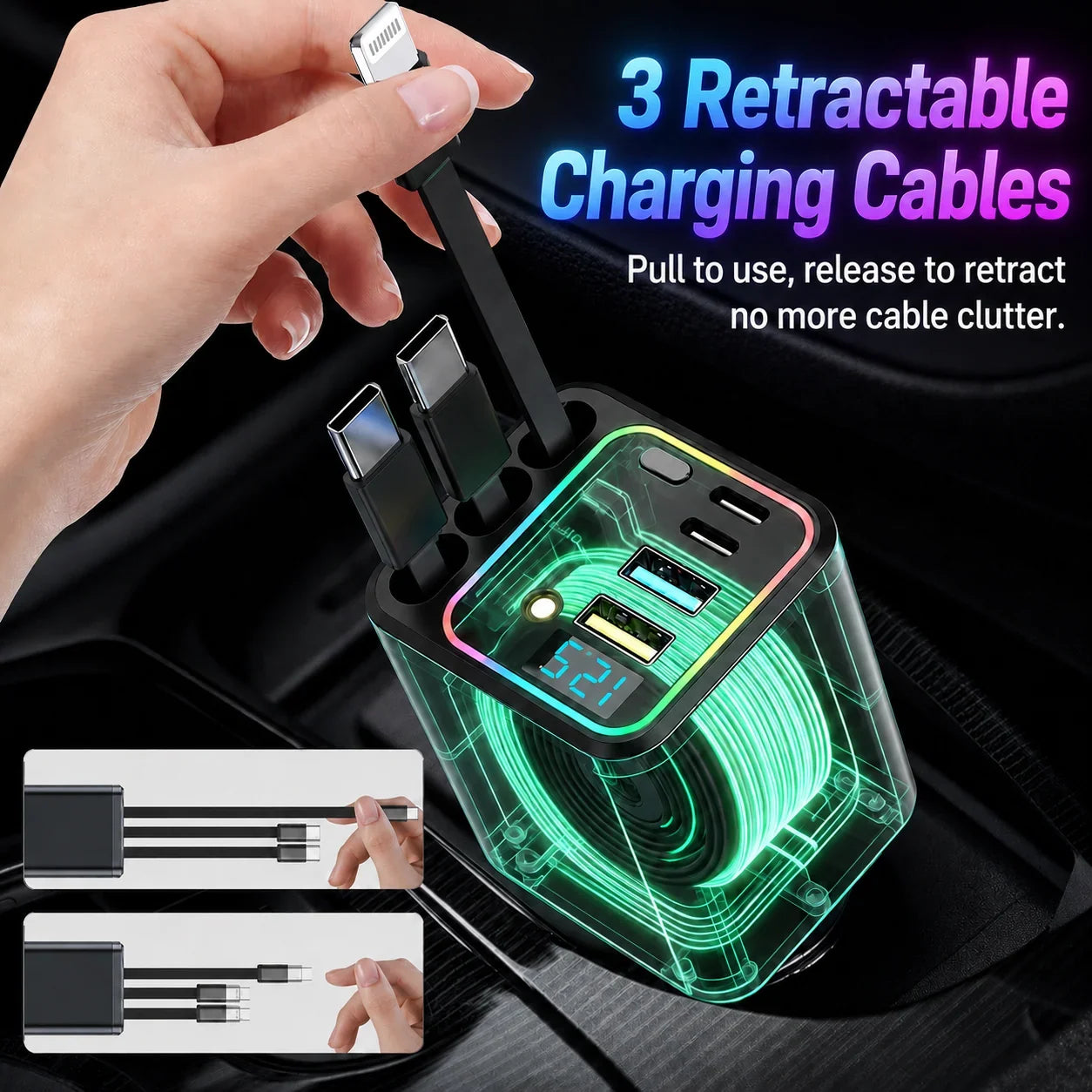 Vehicle-Ready 7-in-1 Retractable Car Charger 120W – Built-In Cables