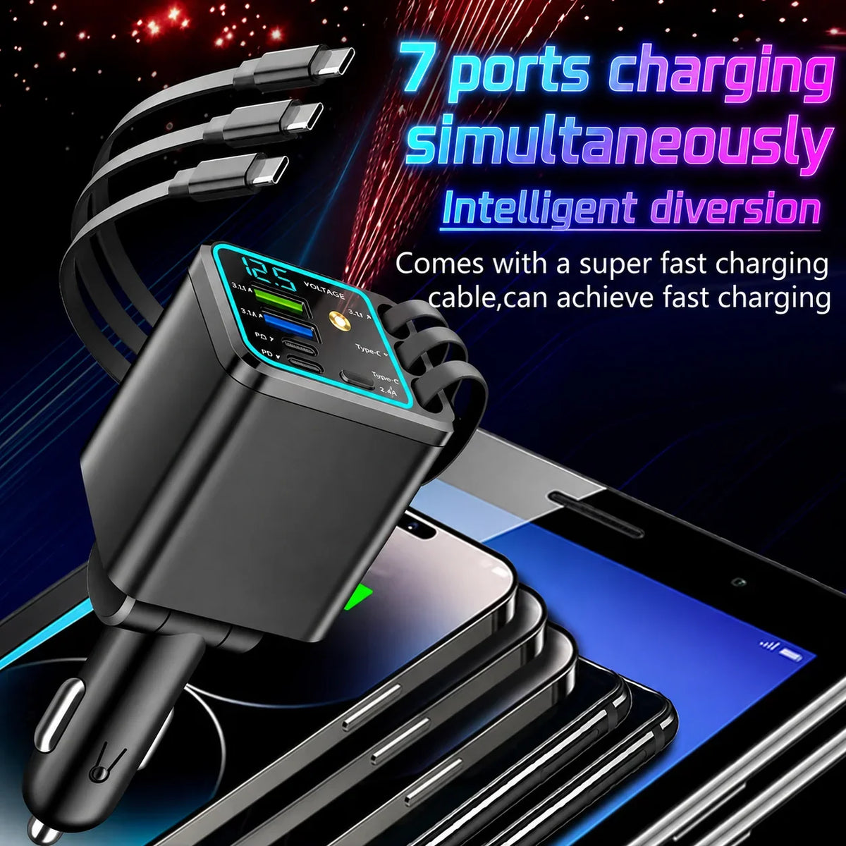 Vehicle-Ready 7-in-1 Retractable Car Charger 120W – Built-In Cables