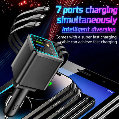 Vehicle-Ready 7-in-1 Retractable Car Charger 120W – Built-In Cables