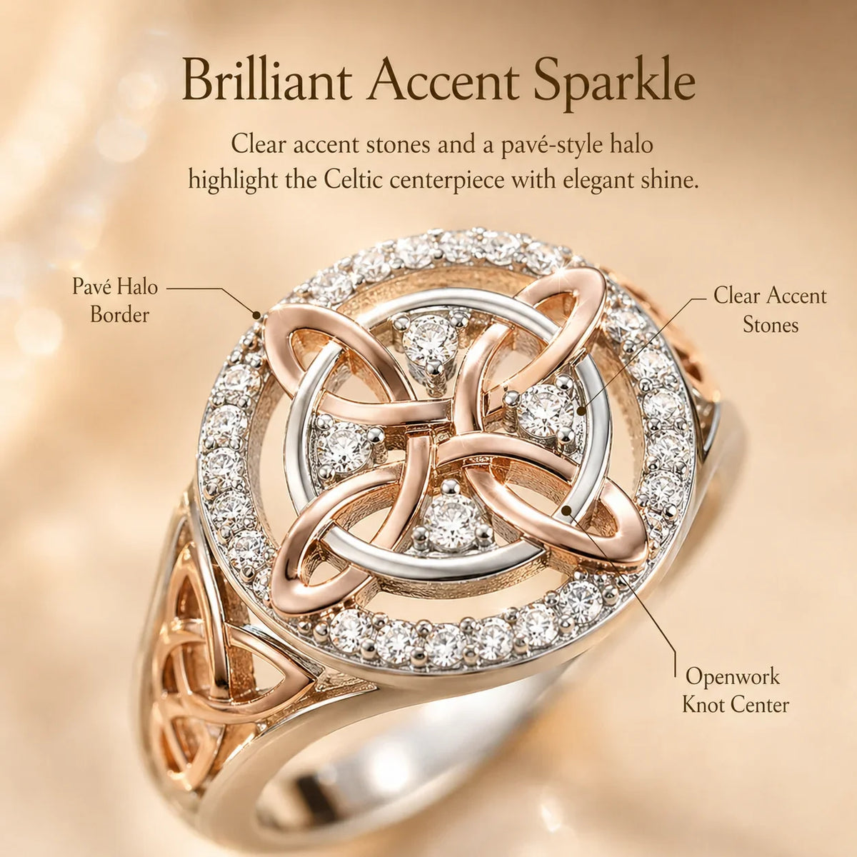 Distinctive Two-Tone Celtic Knot Ring – Rose Gold & Silver Statement
