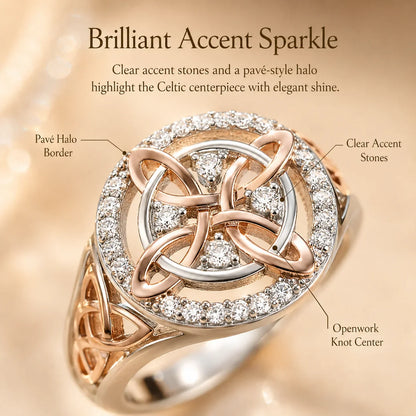 Distinctive Two-Tone Celtic Knot Ring – Rose Gold & Silver Statement