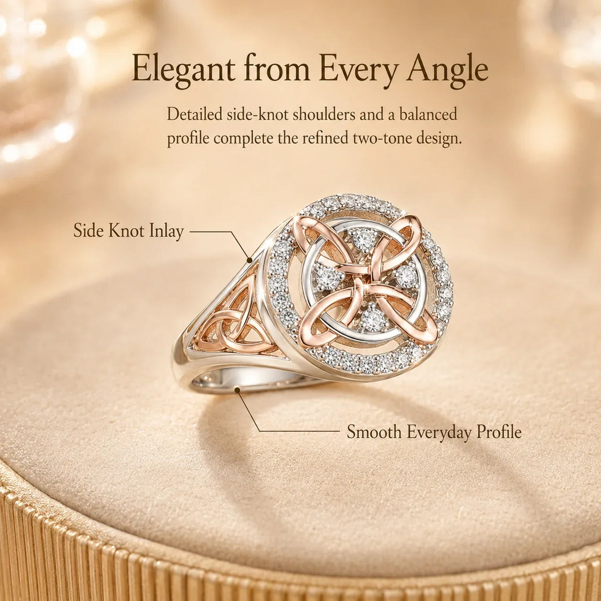 Distinctive Two-Tone Celtic Knot Ring – Rose Gold & Silver Statement