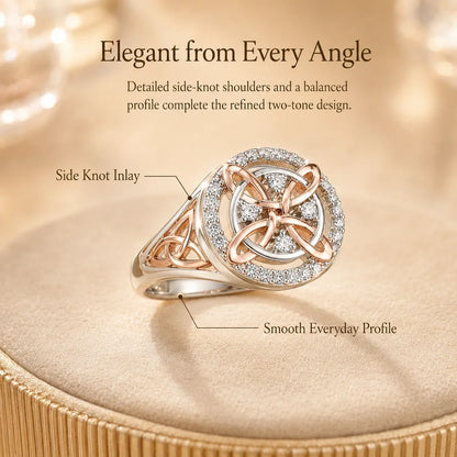 Distinctive Two-Tone Celtic Knot Ring – Rose Gold & Silver Statement