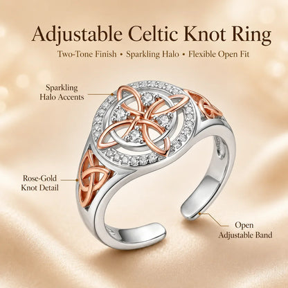 Distinctive Two-Tone Celtic Knot Ring – Rose Gold & Silver Statement