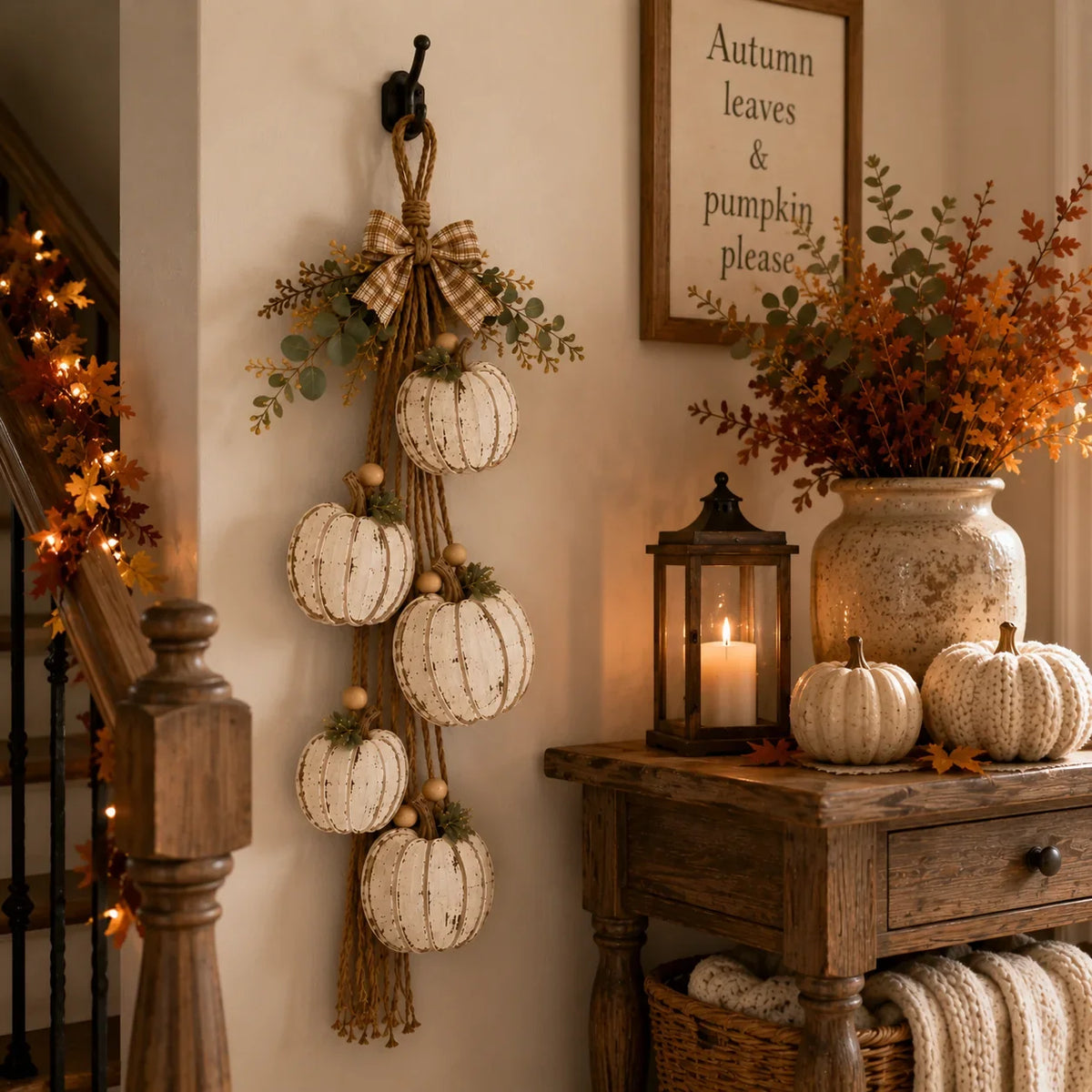 Purpose-Built Rustic White Pumpkin Hanging Swag – 5-Pumpkin Fall Wall