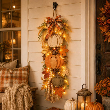 Decorative Rustic Wooden Pumpkin Door Hanging with Warm LED