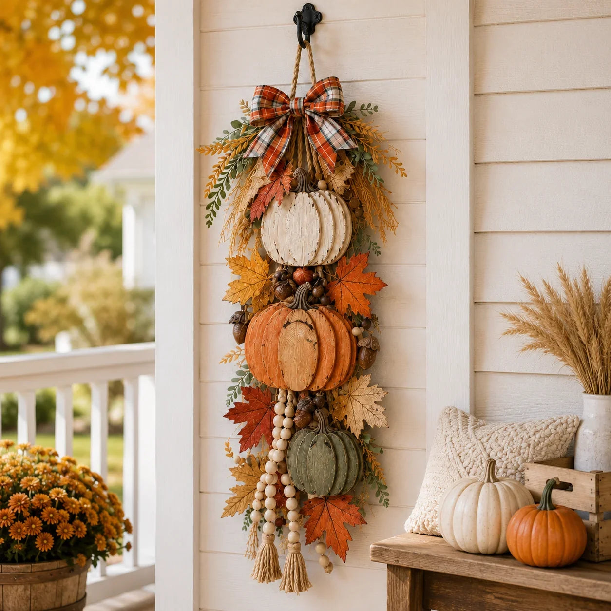 Decorative Rustic Wooden Pumpkin Door Hanging with Warm LED
