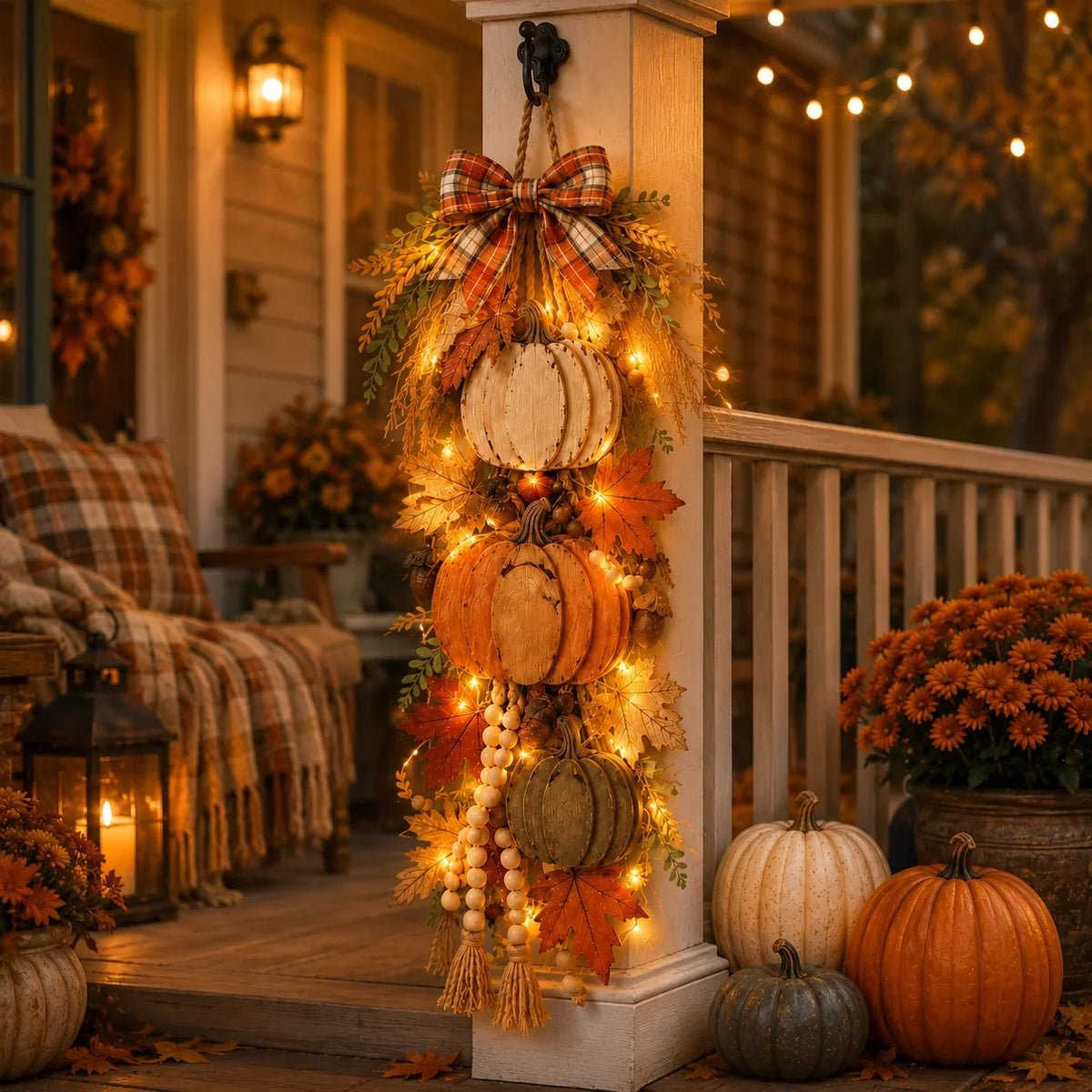 Decorative Rustic Wooden Pumpkin Door Hanging with Warm LED