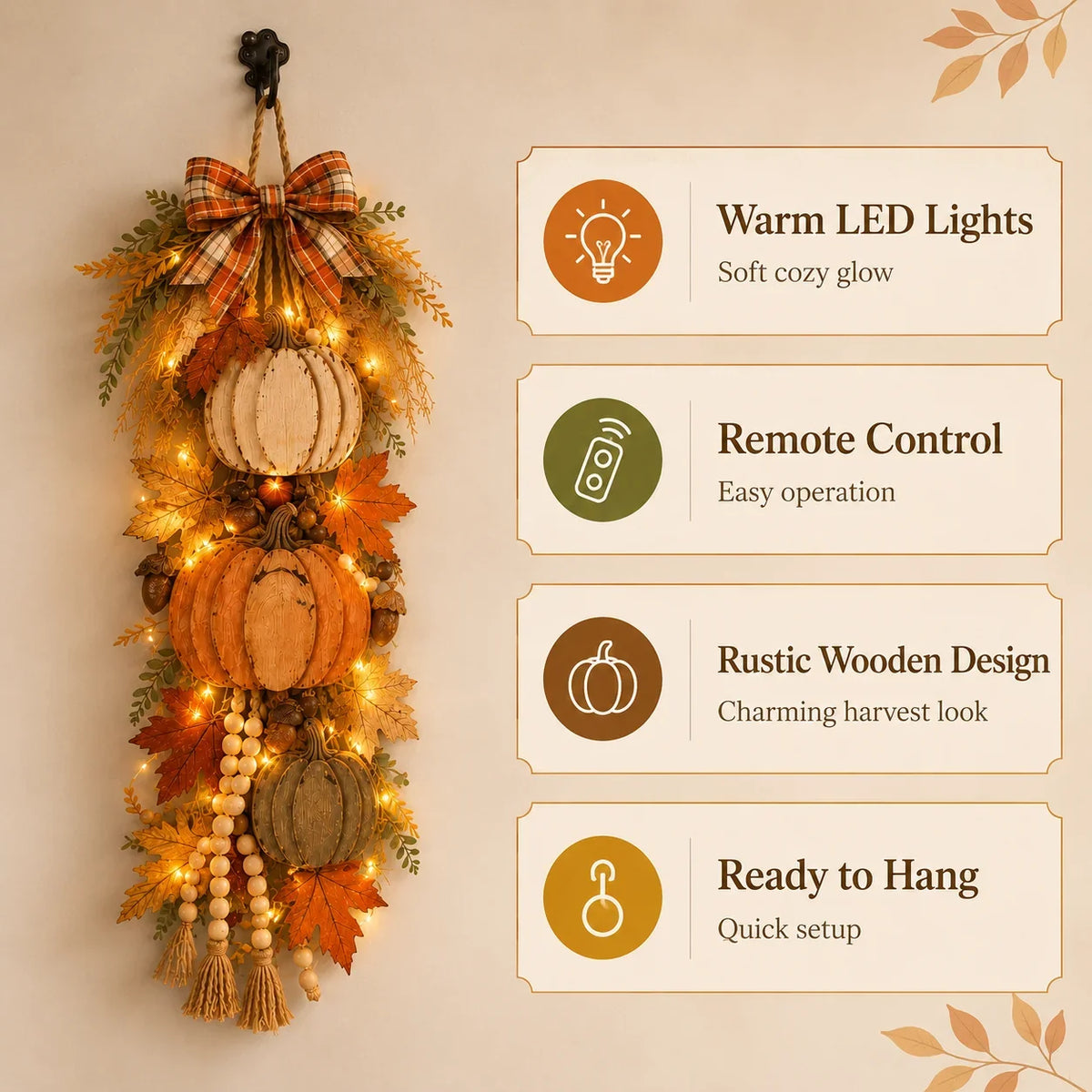 Decorative Rustic Wooden Pumpkin Door Hanging with Warm LED