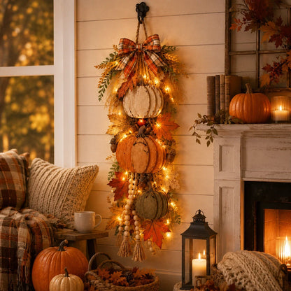 Decorative Rustic Wooden Pumpkin Door Hanging with Warm LED