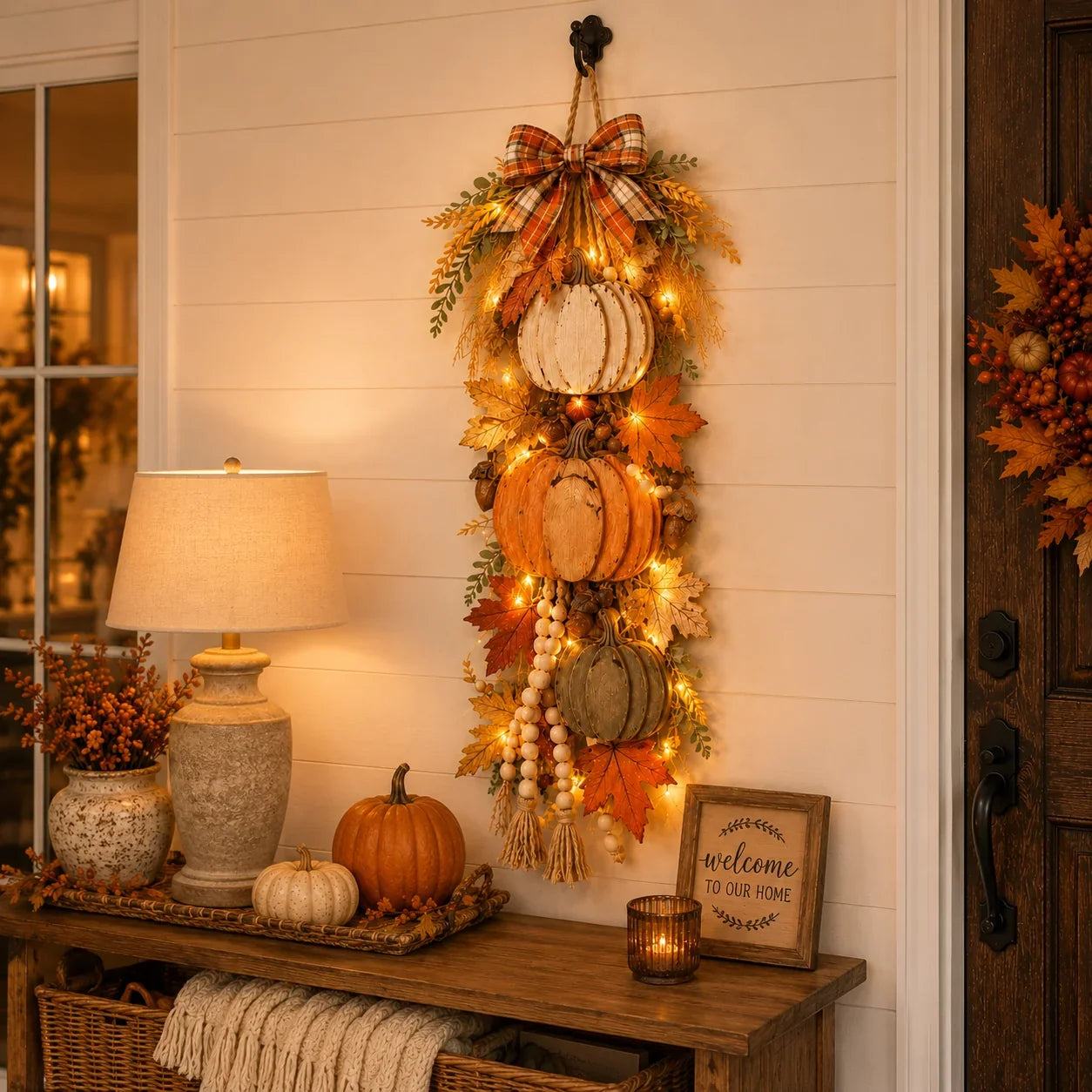 Decorative Rustic Wooden Pumpkin Door Hanging with Warm LED