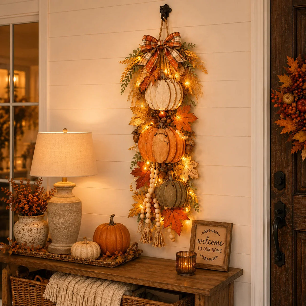 Decorative Rustic Wooden Pumpkin Door Hanging with Warm LED