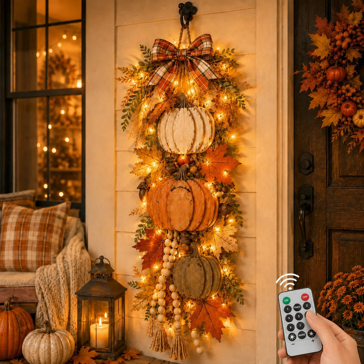 Decorative Rustic Wooden Pumpkin Door Hanging with Warm LED