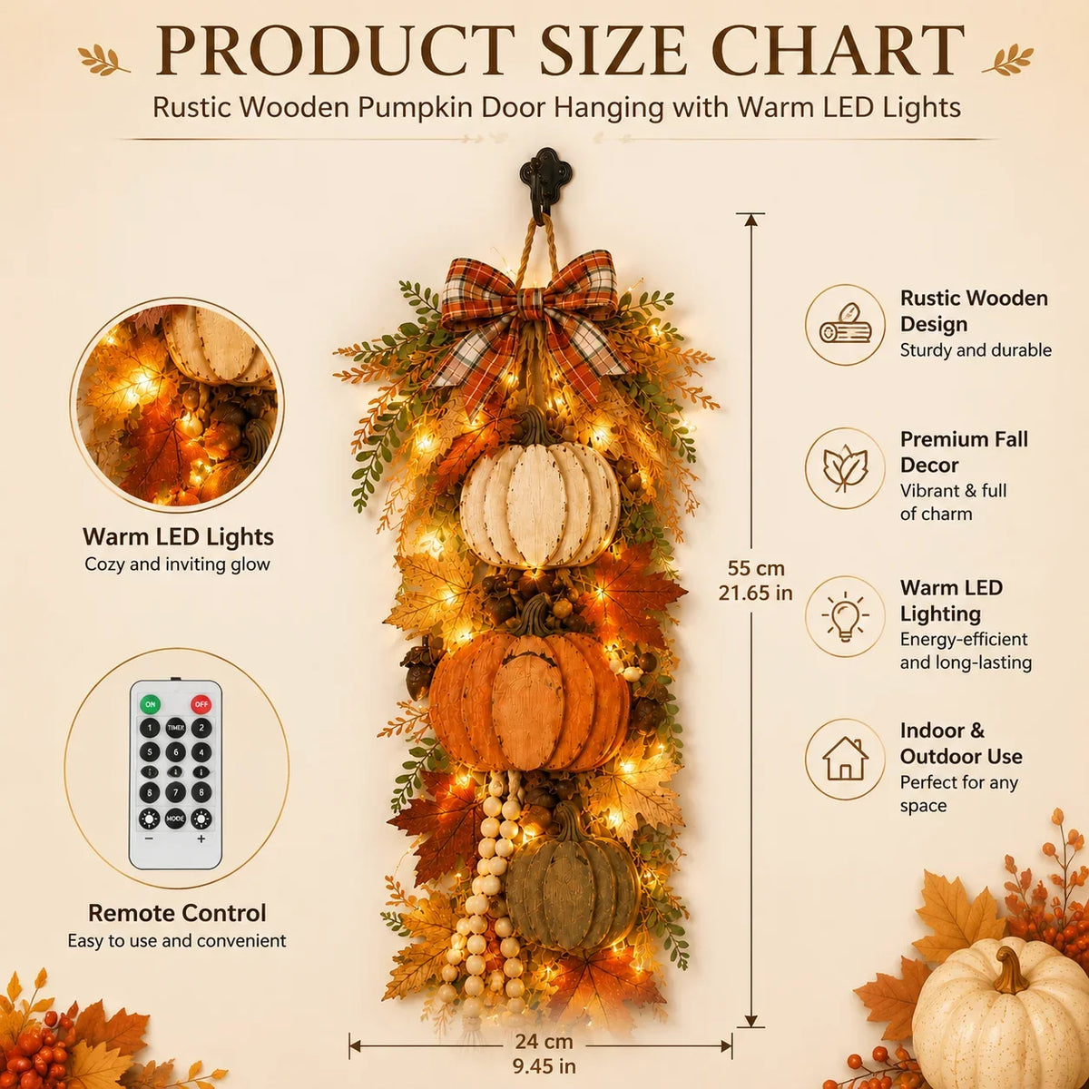 Decorative Rustic Wooden Pumpkin Door Hanging with Warm LED