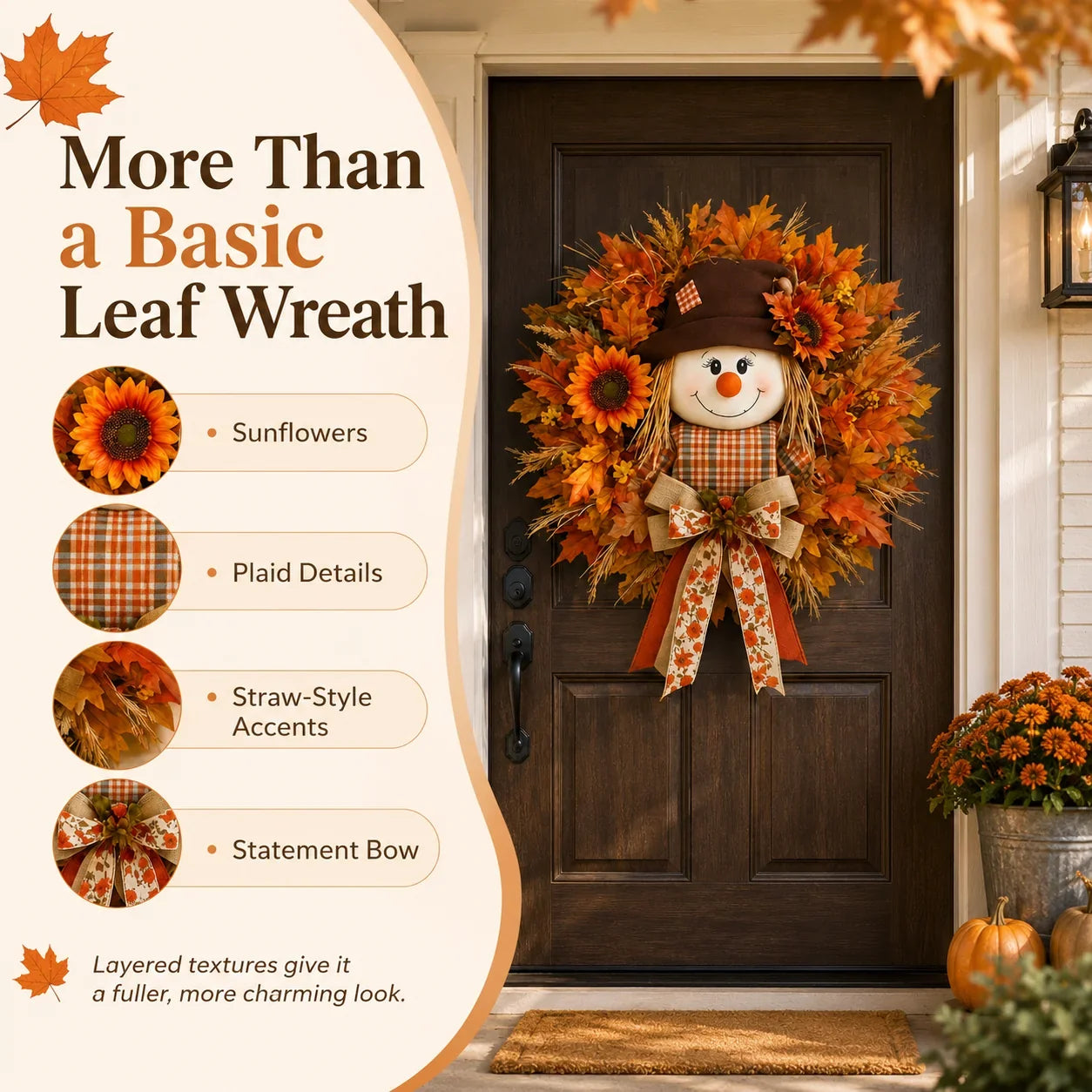 Vehicle-Ready Lighted Scarecrow Fall Wreath for Front