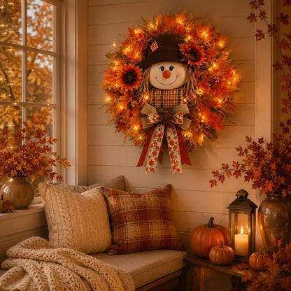 Vehicle-Ready Lighted Scarecrow Fall Wreath for Front