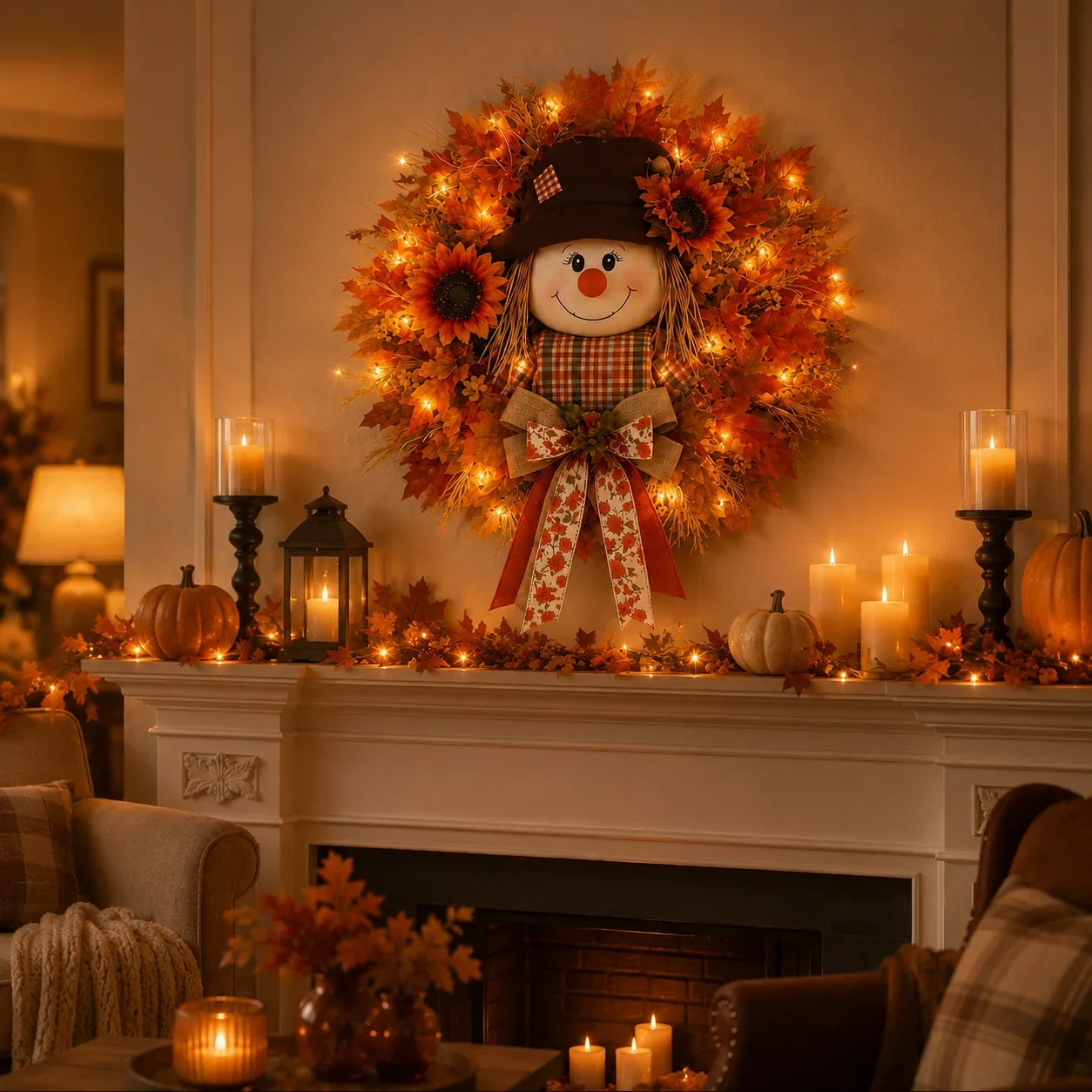 Vehicle-Ready Lighted Scarecrow Fall Wreath for Front
