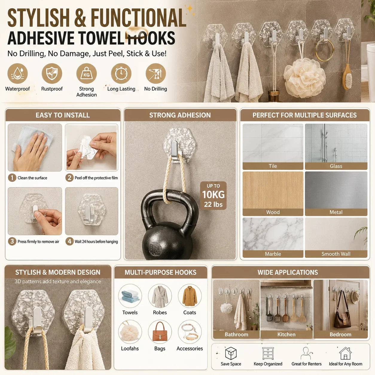 Space-Saving Self-Adhesive Waterproof Wall Hooks – No Drill Heavy