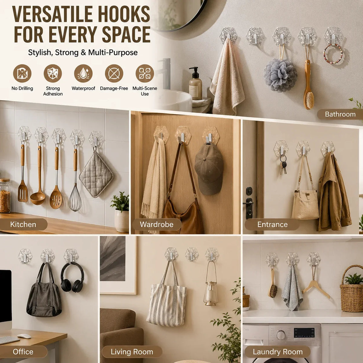 Space-Saving Self-Adhesive Waterproof Wall Hooks – No Drill Heavy