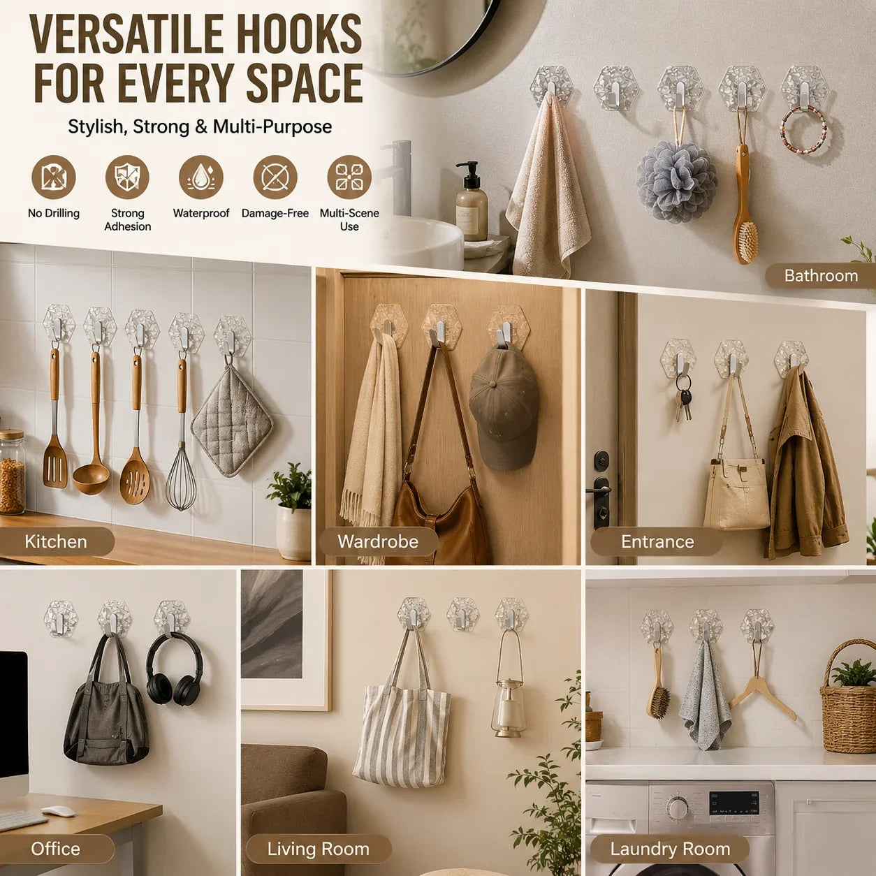 Space-Saving Self-Adhesive Waterproof Wall Hooks – No Drill Heavy