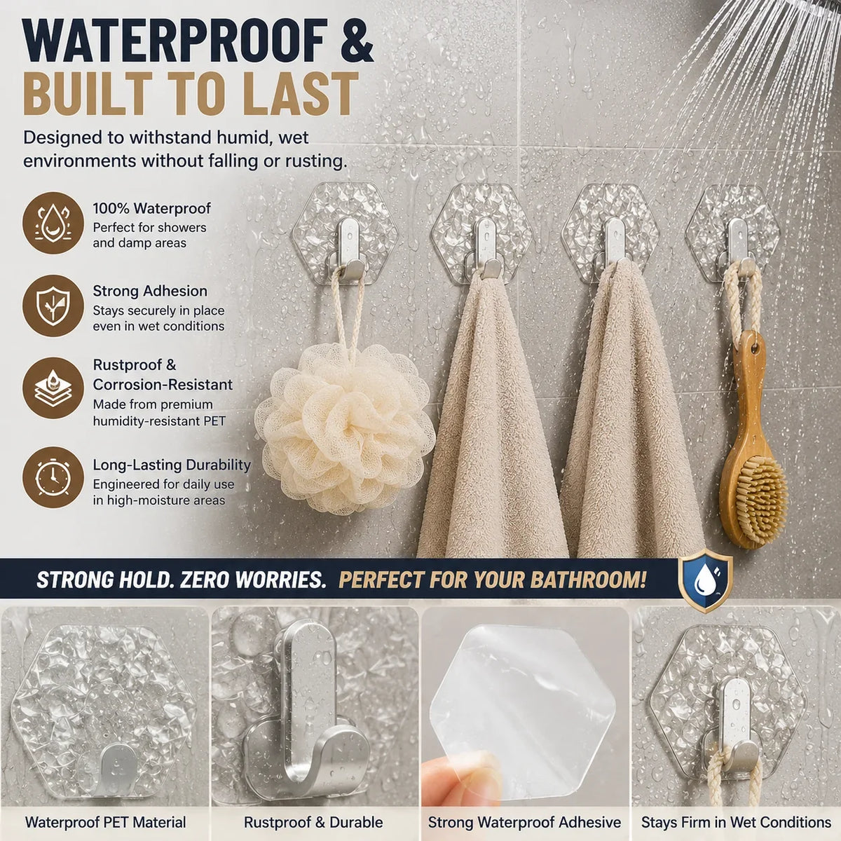 Space-Saving Self-Adhesive Waterproof Wall Hooks – No Drill Heavy