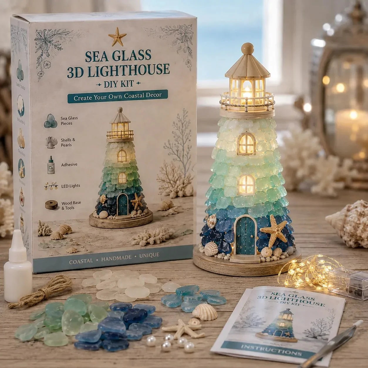 Decorative Beginner-Friendly DIY Lighted Sea Glass-Style Lighthouse