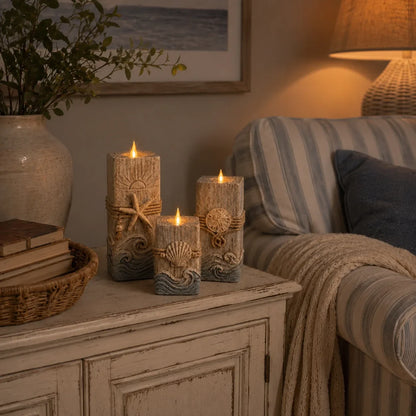 Seashell-Inspired Wooden Candle Trio with Battery LED Glow