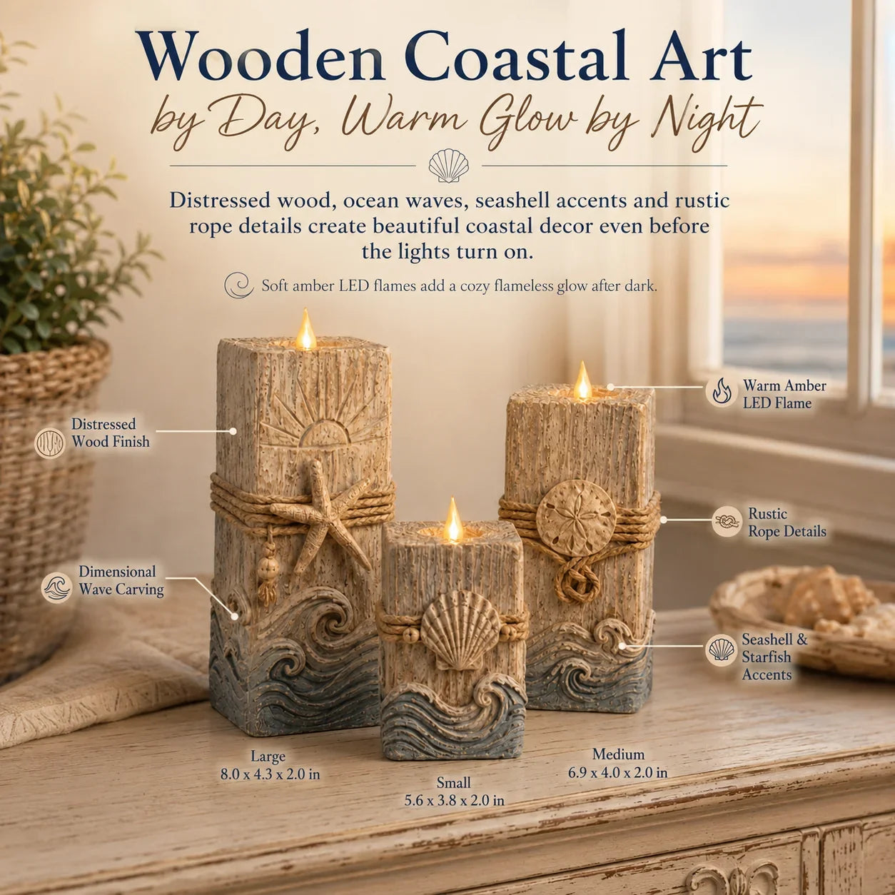 Seashell-Inspired Wooden Candle Trio with Battery LED Glow