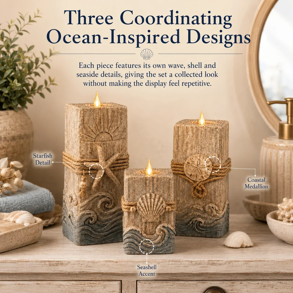 Seashell-Inspired Wooden Candle Trio with Battery LED Glow