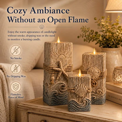 Seashell-Inspired Wooden Candle Trio with Battery LED Glow