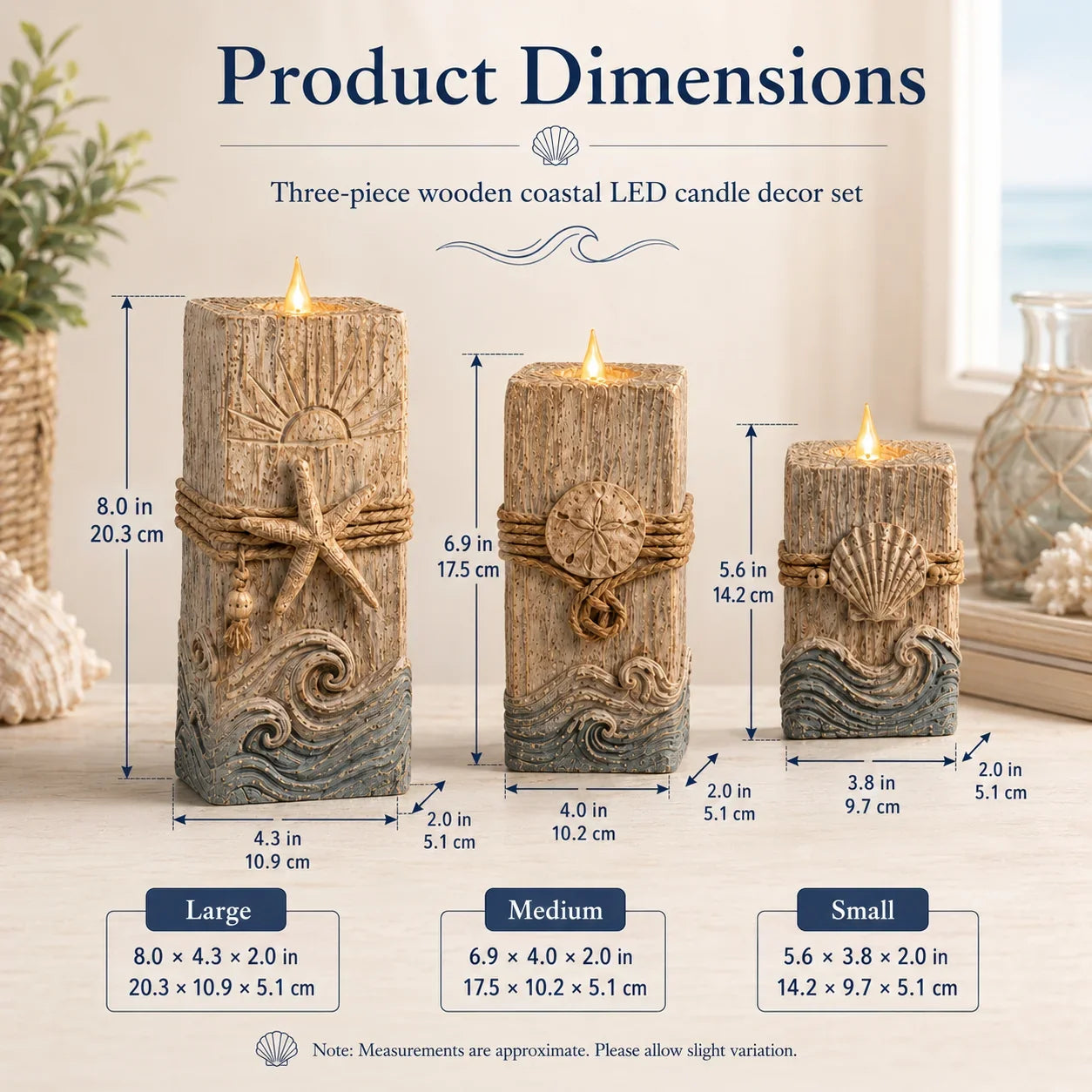 Seashell-Inspired Wooden Candle Trio with Battery LED Glow