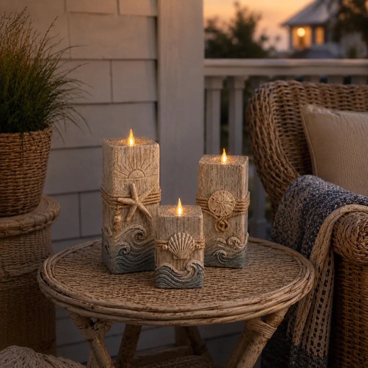 Seashell-Inspired Wooden Candle Trio with Battery LED Glow