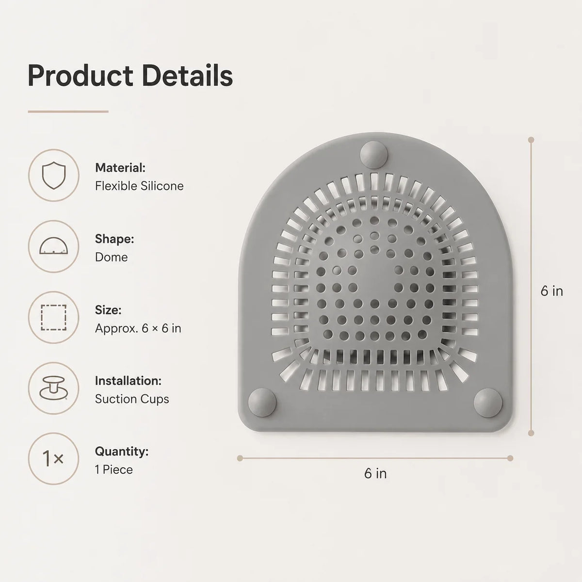 Easy-Care Silicone Shower Drain Hair Catcher 6" Flexible Dome Cover