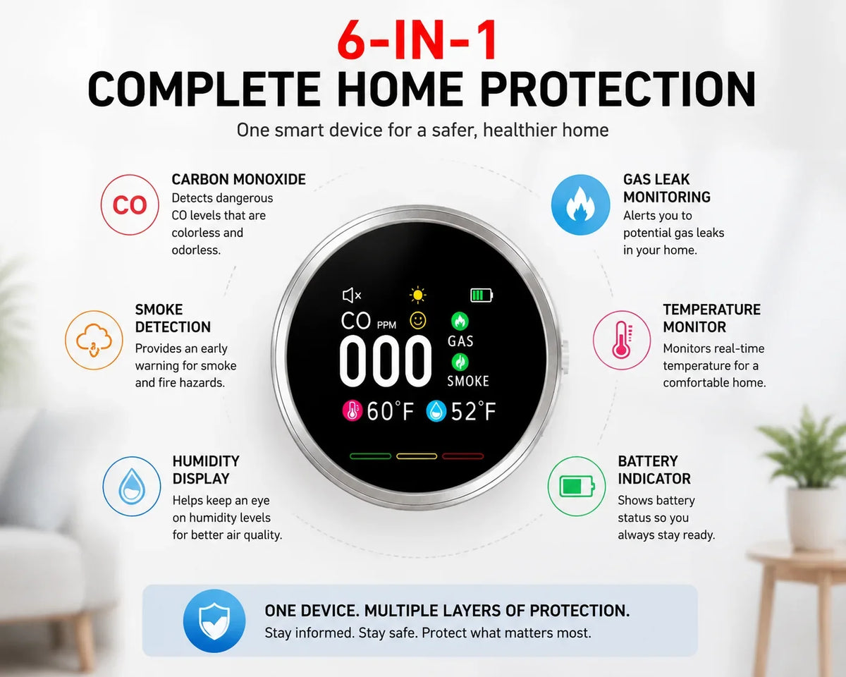Purpose-Built Smart 6-in-1 Gas Detector – CO Smoke & Gas Leak Alarm