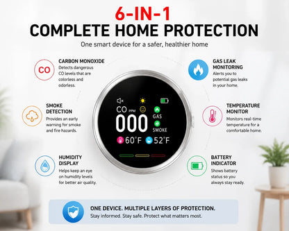 Purpose-Built Smart 6-in-1 Gas Detector – CO Smoke & Gas Leak Alarm