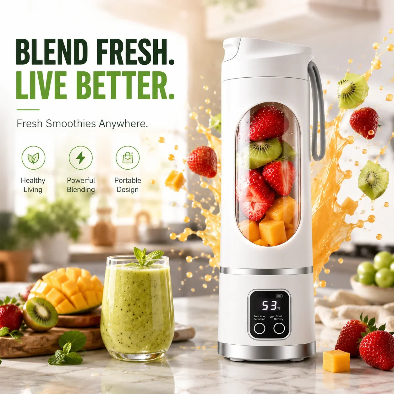 Purpose-Built Portable USB Blender with LED Display - Smoothies &