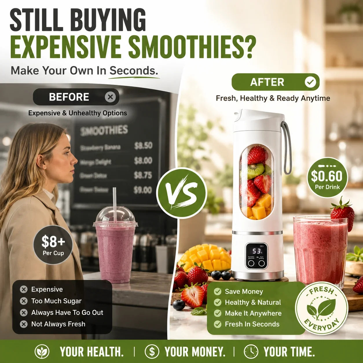 Purpose-Built Portable USB Blender with LED Display - Smoothies &